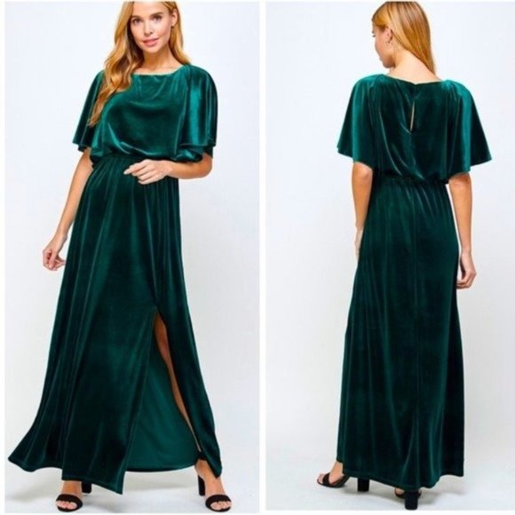 Emerald Green Velvet Caped Flutter Sleeve Formal Maxi Dress - Picture 3 of 3